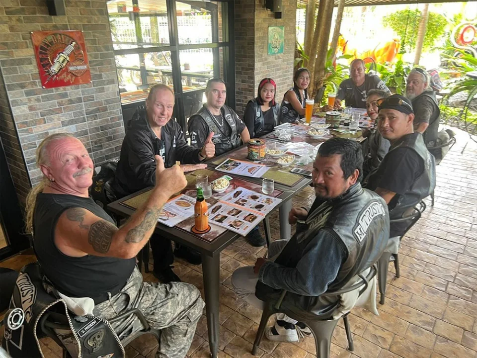 Groups at the tables of The Bikers Café
