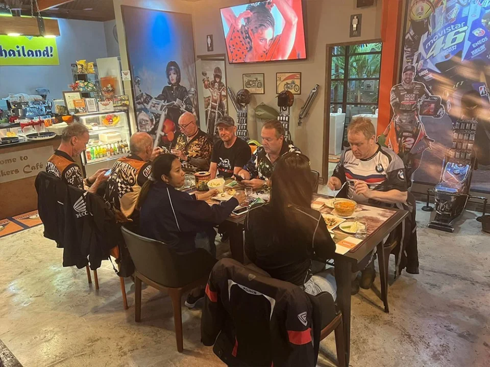 Groups at the tables of The Bikers Café