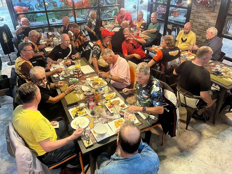 Groups at the tables of The Bikers Café
